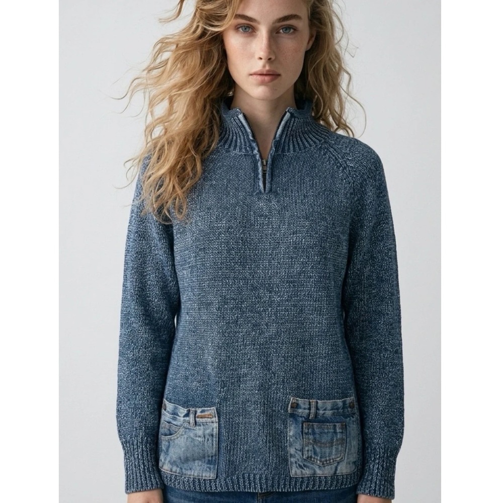 VTG PBJ Blues Sweater Women Large Blue Denim Quarter Zip Cotton Y2K Chunky Boho